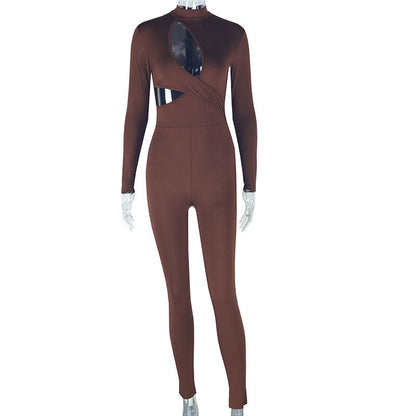 Wear Tight Fitting Color Micro Elastic Jumpsuit Long Sleeved Trousers Hollow Out Cutout Mid Waist Thin Jumpsuit