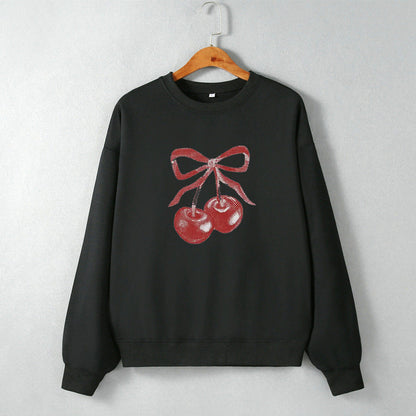 Street Hipster Bow Cherry Drop Shoulder Loose Long Sleeve Sweatershirt Autumn Winter Clothing