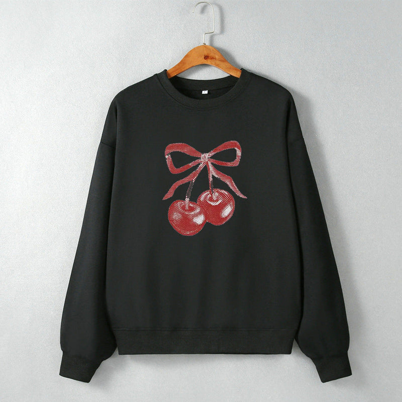 Street Hipster Bow Cherry Drop Shoulder Loose Long Sleeve Sweatershirt Autumn Winter Clothing