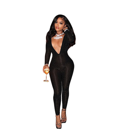Clothing Eaby Deep V Plunge Neck Night Club Bright Silk Slim Hollow Out Cutout Jumpsuit