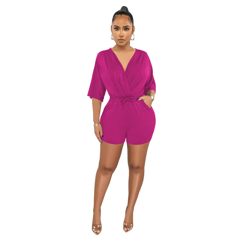 Color V Neck Fitted Waist Jumpsuit Shorts