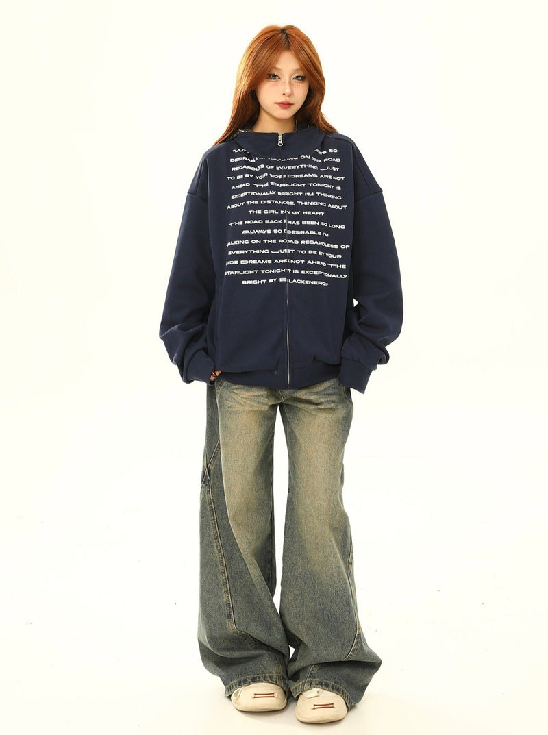 Oversized Text Print Zip-up Sweatshirt