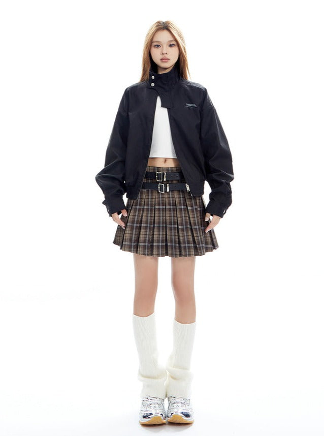 Plaid Pleated Mini Skirt With Double Buckle Belt