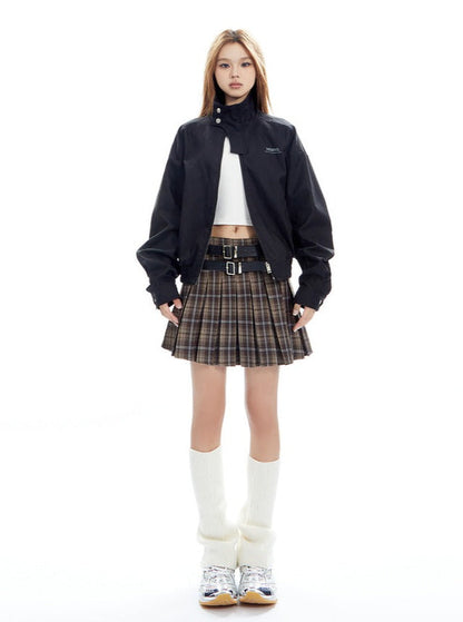 Plaid Pleated Mini Skirt With Double Buckle Belt