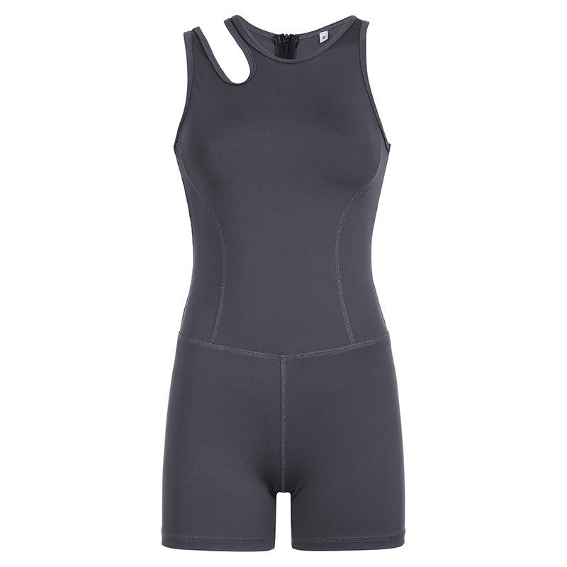Sports Asymmetric Shoulder Strap Hollow Out Cutout Color Fitness Yoga Jumpsuit Shorts