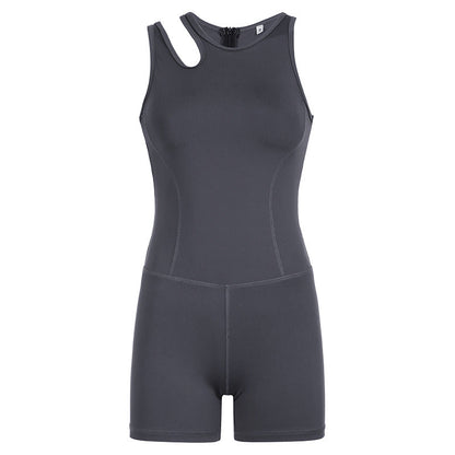 Sports Asymmetric Shoulder Strap Hollow Out Cutout Color Fitness Yoga Jumpsuit Shorts