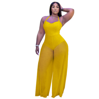 Clothing Color Double Sided Fabric Stitching Strap Halter Jumpsuit Woman Loose