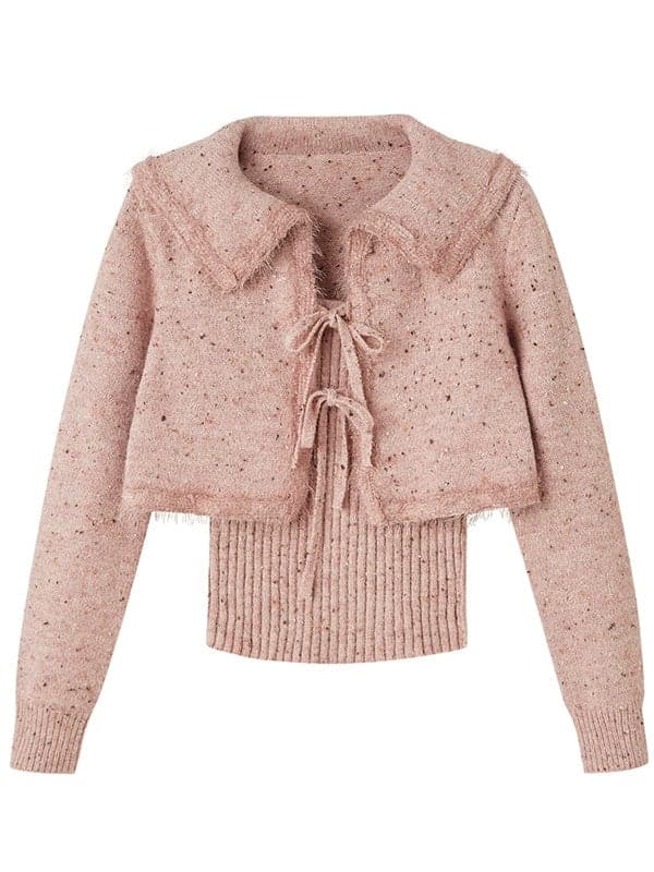 Cropped Knitted Cardigan & Camisole Set With Big Collar