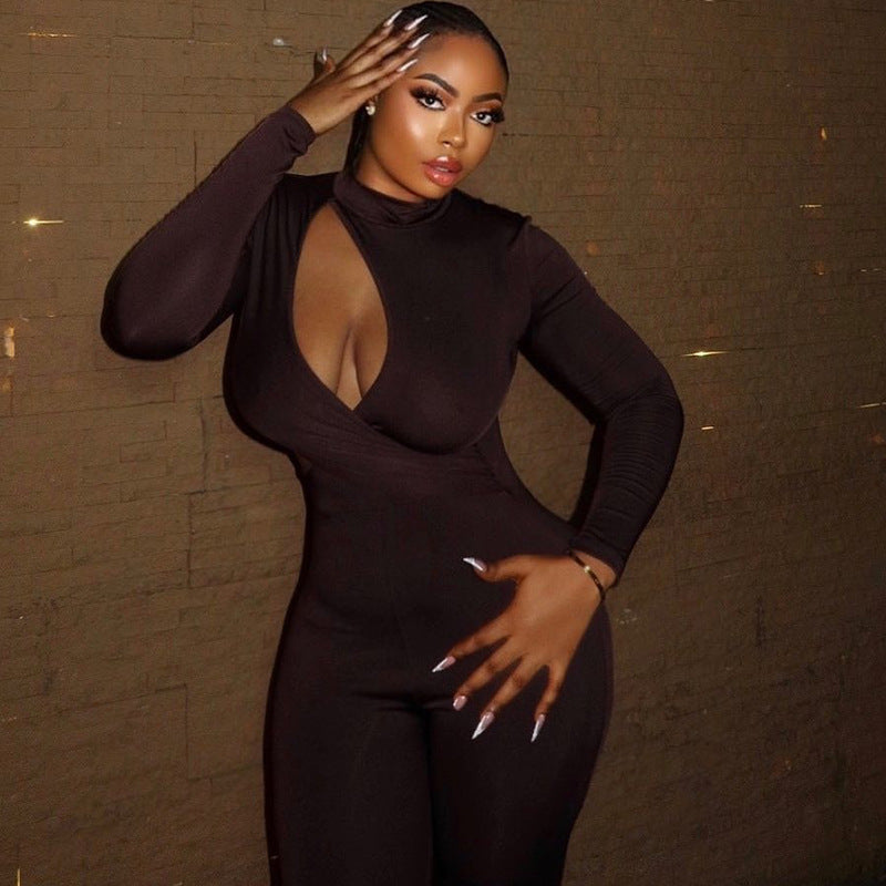 Wear Tight Fitting Color Micro Elastic Jumpsuit Long Sleeved Trousers Hollow Out Cutout Mid Waist Thin Jumpsuit