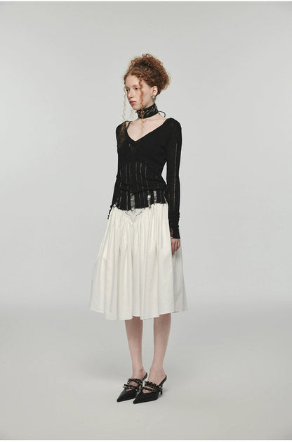 Hollow-out V-neck Thin Cardigan With Distressed Waist Knit Top
