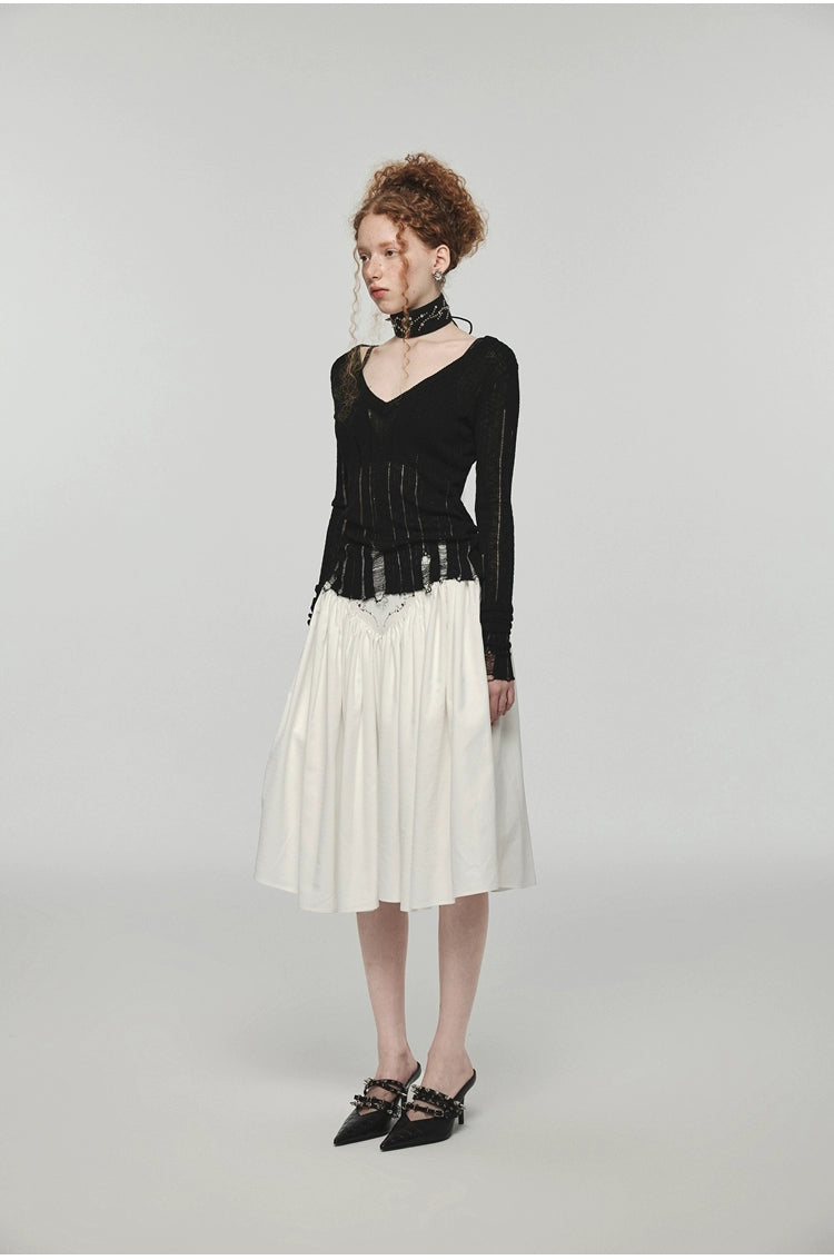 Hollow-out V-neck Thin Cardigan With Distressed Waist Knit Top