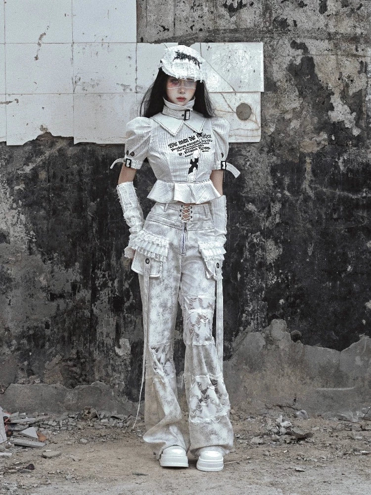 Punk Text Print Puff Sleeve Blouse With Straps and Ruffled Waist Detail