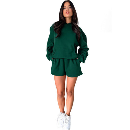 Autumn Winter Color Long-sleeved Hooded Sweaters Clothing Two Piece Shorts Sets
