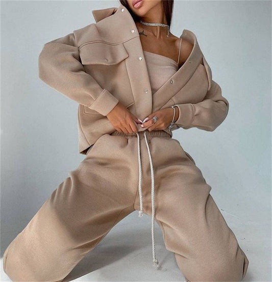 Autumn Winter Color Jacket Top Trousers Suit Long Sleeve Coat Sweatshirt Two Piece Set for