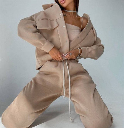 Autumn Winter Color Jacket Top Trousers Suit Long Sleeve Coat Sweatshirt Two Piece Set for
