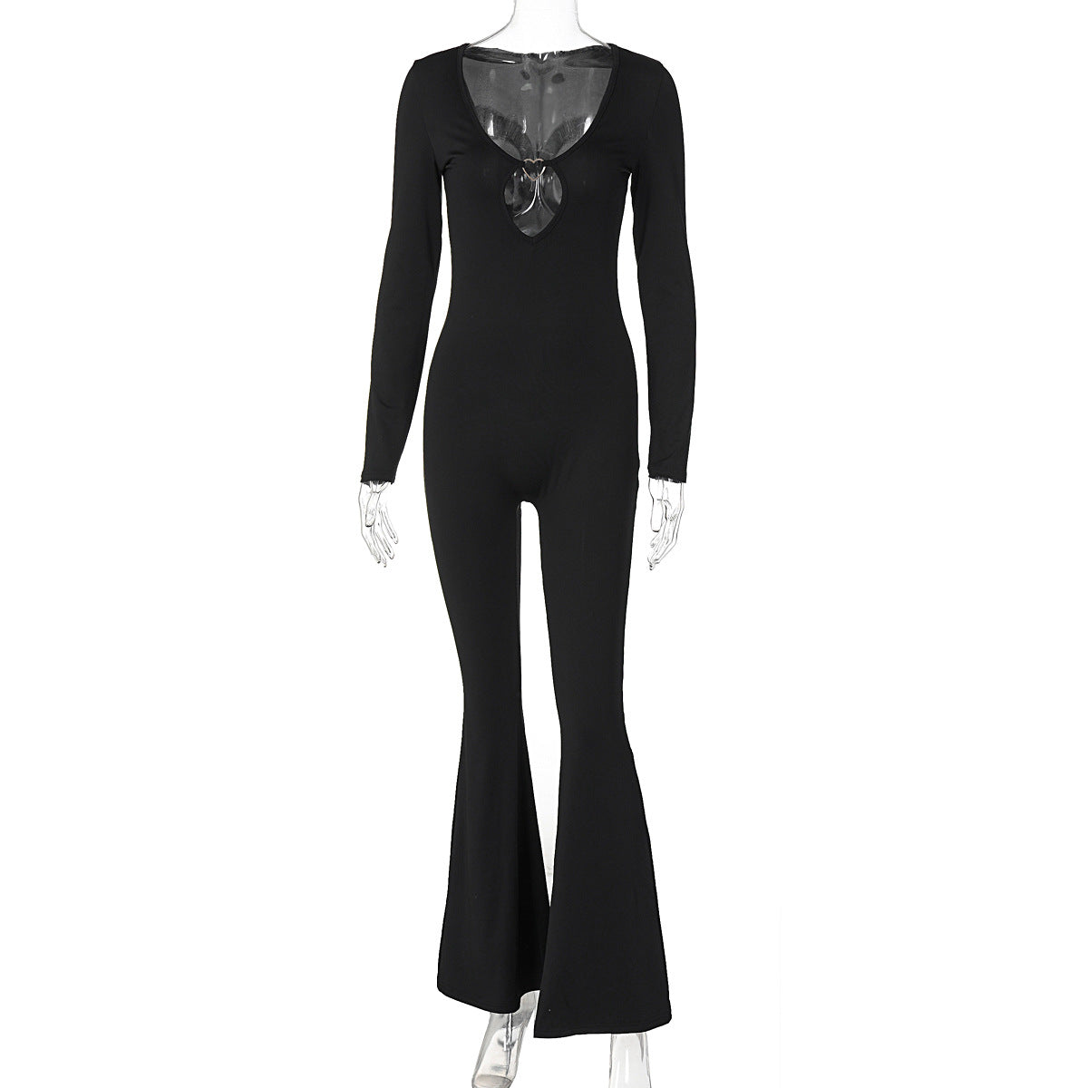 Clothing Autumn Color Long Sleeve Flared Pants V Neck Skinny Jumpsuit