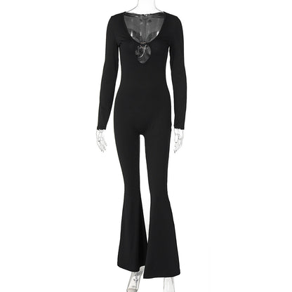 Clothing Autumn Color Long Sleeve Flared Pants V Neck Skinny Jumpsuit