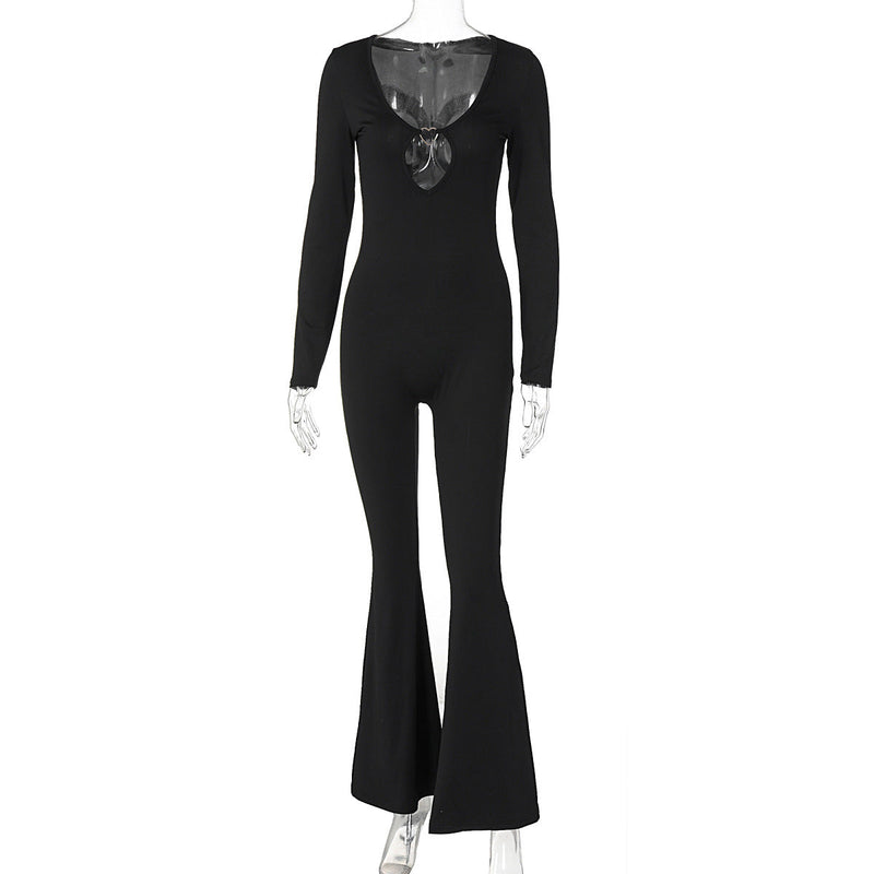 Clothing Autumn Color Long Sleeve Flared Pants V Neck Skinny Jumpsuit