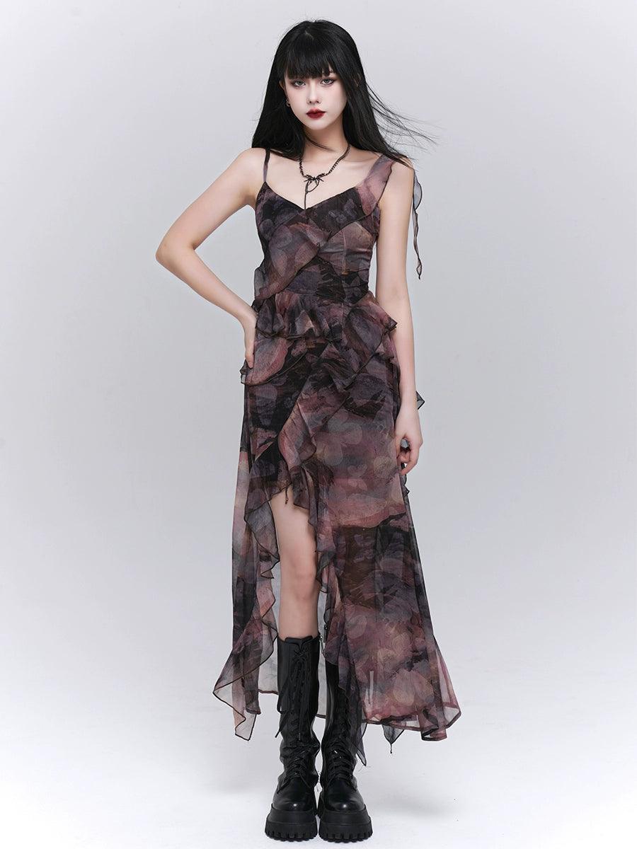 Ladyghost Dark Glamour Asymmetrical Maxi Dress - Sheer Print Ruffle Dress With High Slit