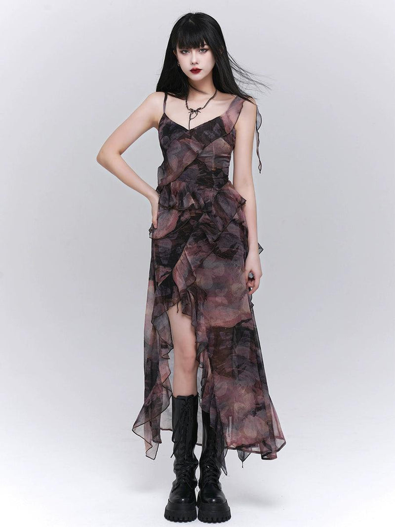 Ladyghost Dark Glamour Asymmetrical Maxi Dress - Sheer Print Ruffle Dress With High Slit
