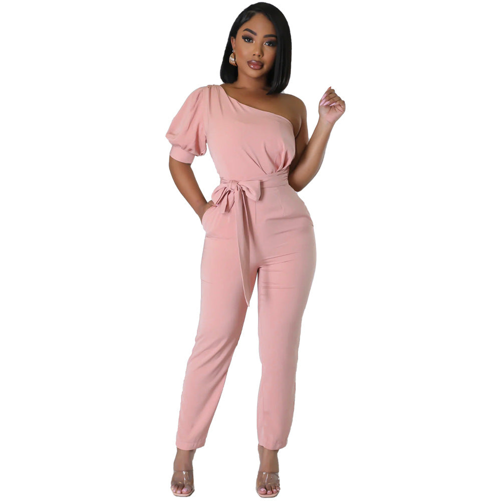 One Shoulder High Waist Backless Slim Tapered Trousers Jumpsuit