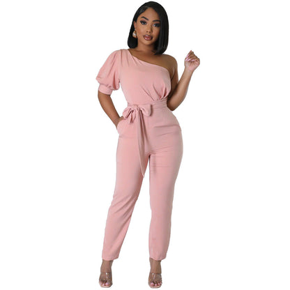 One Shoulder High Waist Backless Slim Tapered Trousers Jumpsuit