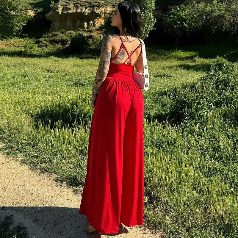 Summer Backless Spaghetti Straps Loose Jumpsuit