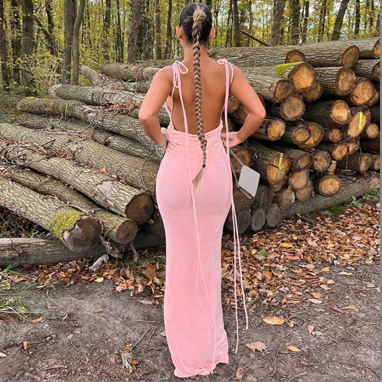 Clothing Summer Slim Dress Lace Up Backless Sheath Dress Long Dress for