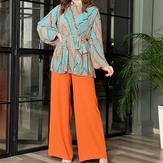 Clothing Autumn Pleated Graceful Puff Sleeve Shirt High Waist Wide Leg Pants Set