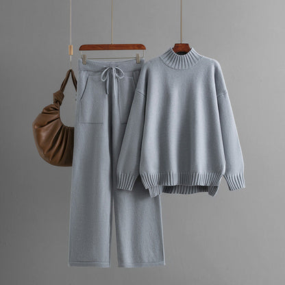 Cold Proof Knitted Suit Thick Loose Sweater Half High Collar Long Sleeves Two Piece Suit