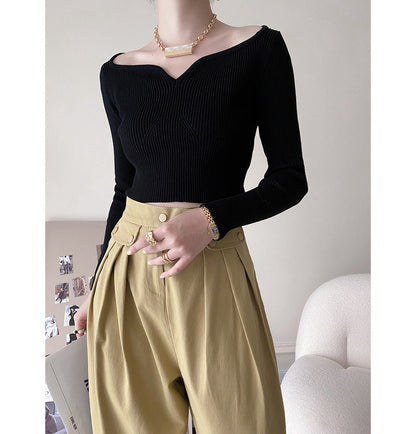 Petal Collar Short Sweater for Autumn Slim Fit Collarbone Bottoming Shirt
