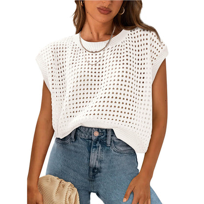 Summer Clothing Round Neck Hollow Out Cutout Sun Protection Knitted Sweater Blouse
