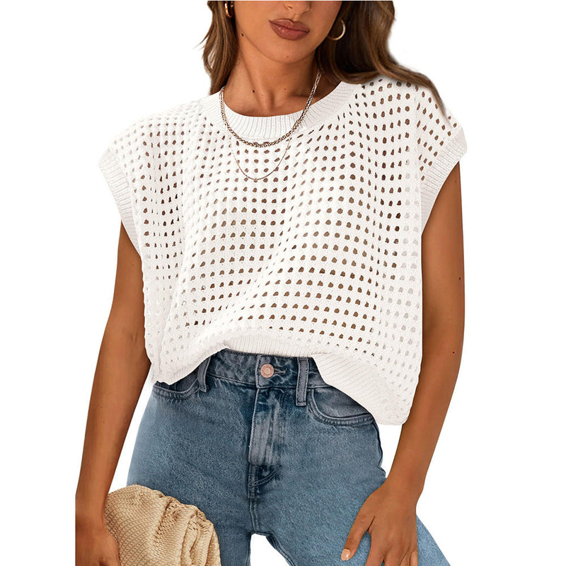 Summer Clothing Round Neck Hollow Out Cutout Sun Protection Knitted Sweater Blouse
