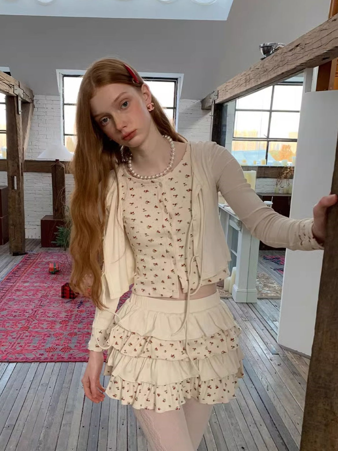 Splicing Strap Cardigan & Cake Skirt