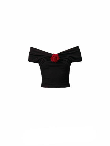Flamenco-inspired Dance Set: Off-shoulder Rose Top and Ruffled Mini Skirt