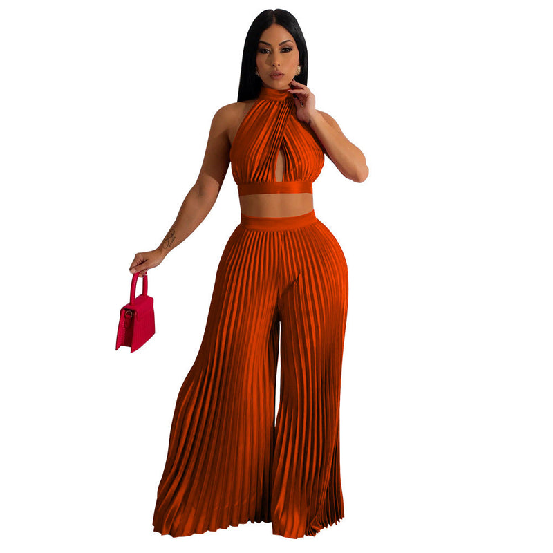Clothing Halter Backless Artificial Silk Pleated Wide Leg Pants Two Piece Set