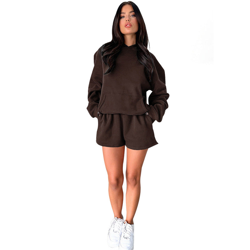 Autumn Winter Color Long-sleeved Hooded Sweaters Clothing Two Piece Shorts Sets