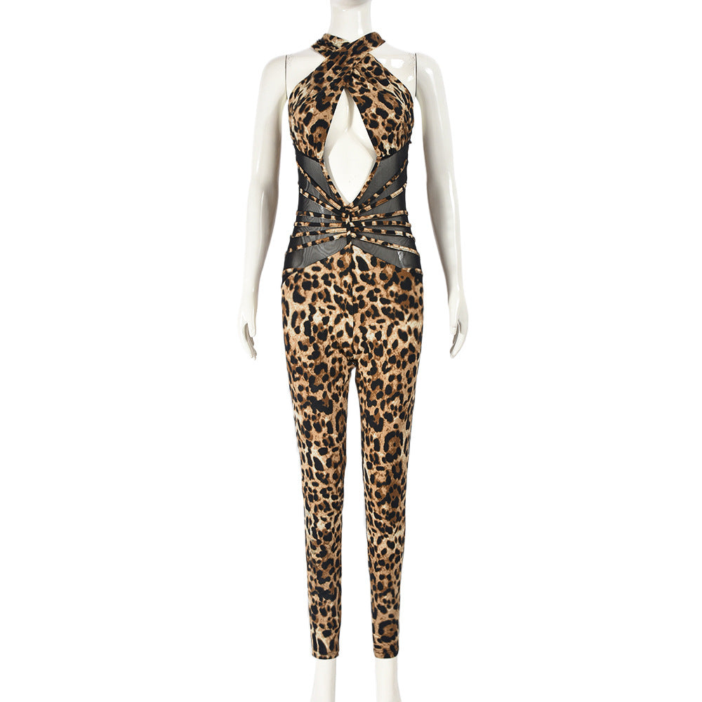 Clothing Summer Mesh Stitching Leopard Print Backless Jumpsuit