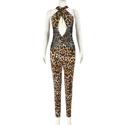 Clothing Summer Mesh Stitching Leopard Print Backless Jumpsuit