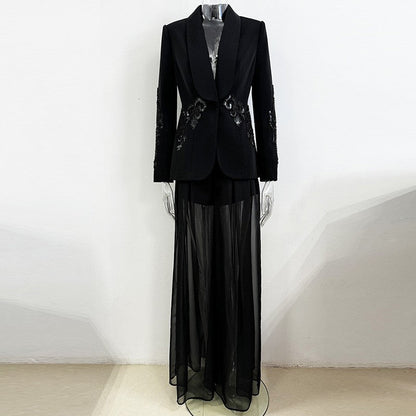 Spring Stars Mesh Patchwork Heavy Industry Beads Blazer Chiffon Trousers Two Piece Pant Sets