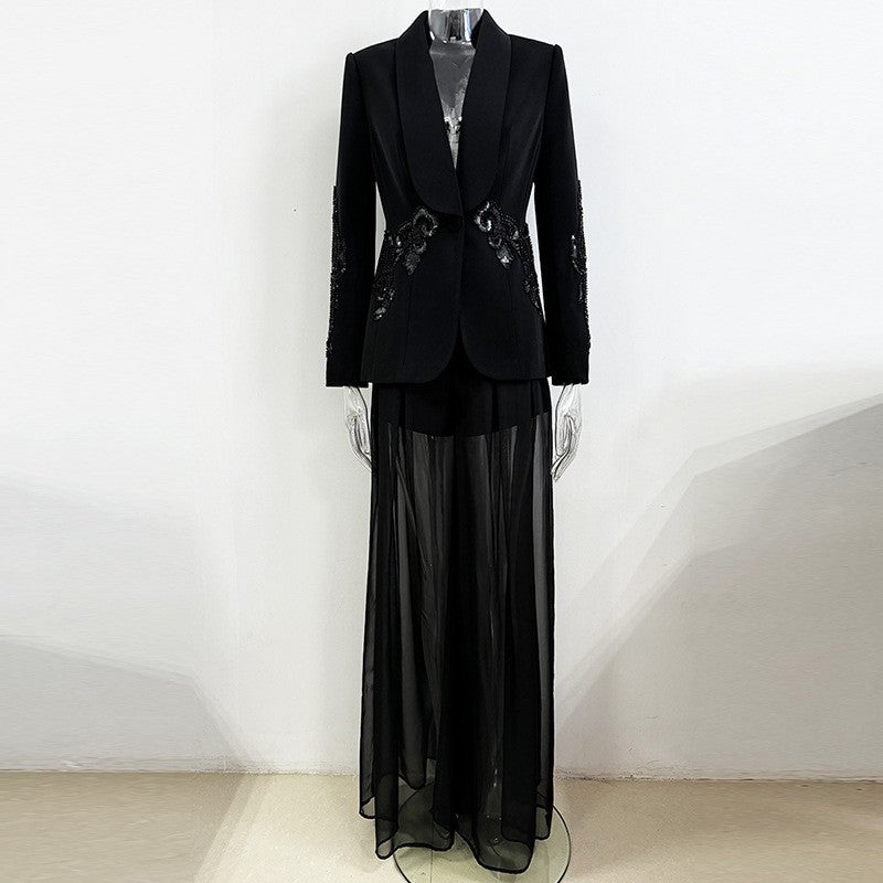 Spring Stars Mesh Patchwork Heavy Industry Beads Blazer Chiffon Trousers Two Piece Pant Sets