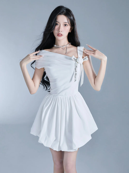 Angelic One-shoulder White Ballerina Mini Dress With Bow Detail