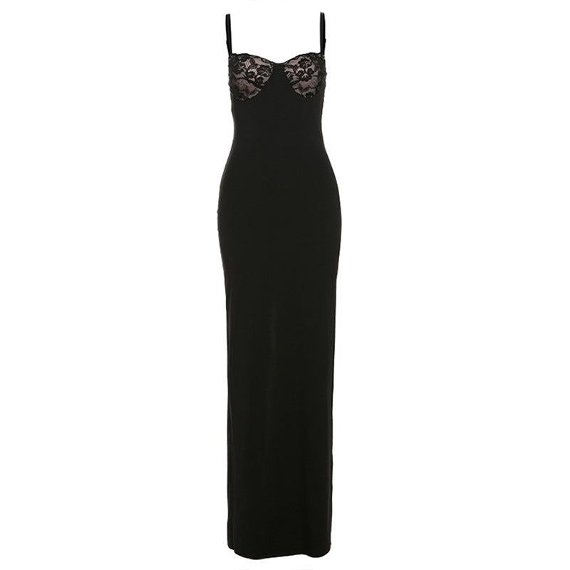 Clothing Spring Summer French Lace Splicing Sling Maxi Dress Slim Dress