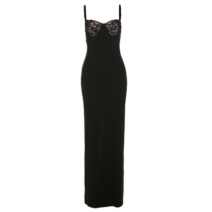 Clothing Spring Summer French Lace Splicing Sling Maxi Dress Slim Dress