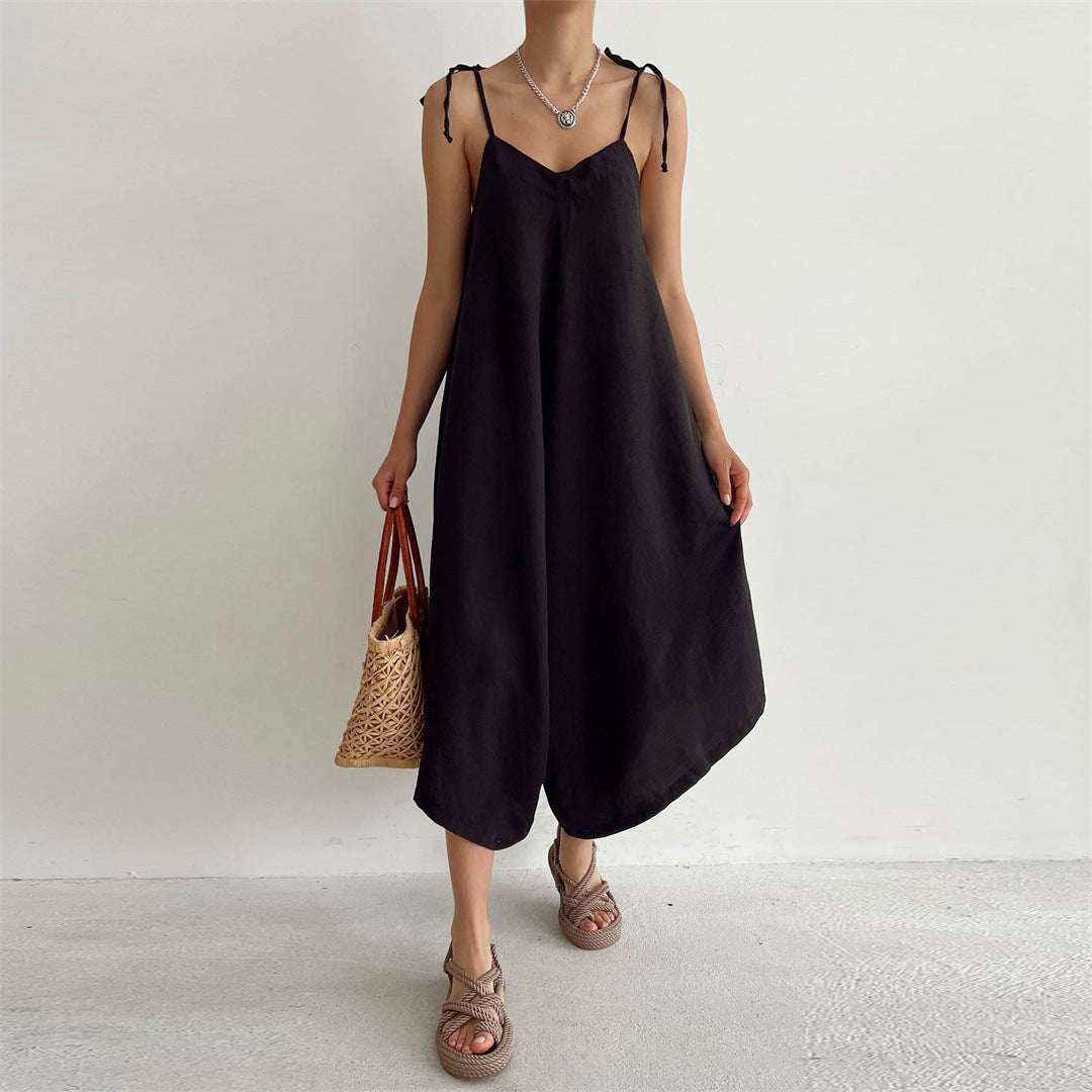 Summer Color Overalls Loose Fitting Wide Leg Trousers Sling Backless Sleeveless Jumpsuit
