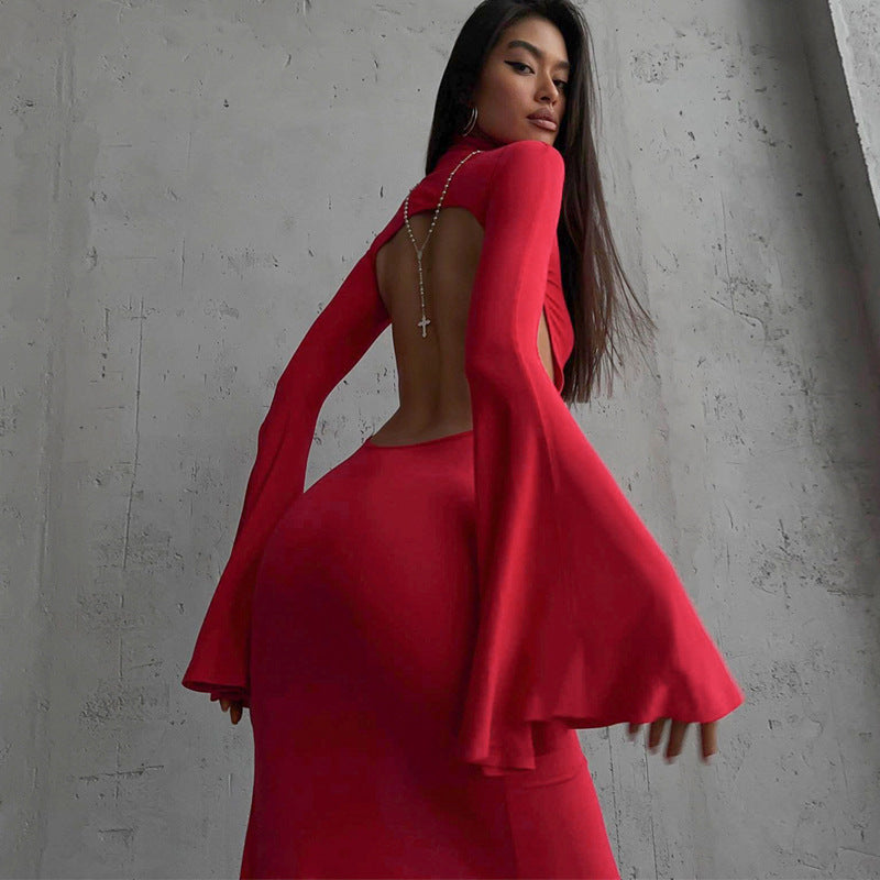 Spring Bell Sleeve Backless Slit Maxi Dress Slim Fit Dress