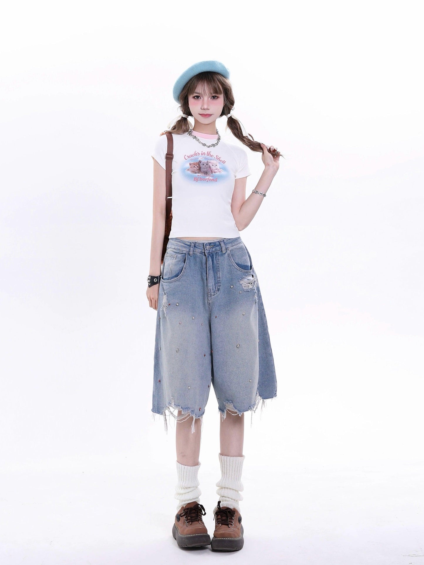 Rayohopp Distressed Denim Bermuda Shorts - Faded Gray Wash With Rhinestone Embellishments and Raw Hem