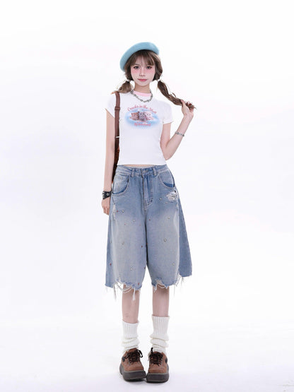 Rayohopp Distressed Denim Bermuda Shorts - Faded Gray Wash With Rhinestone Embellishments and Raw Hem