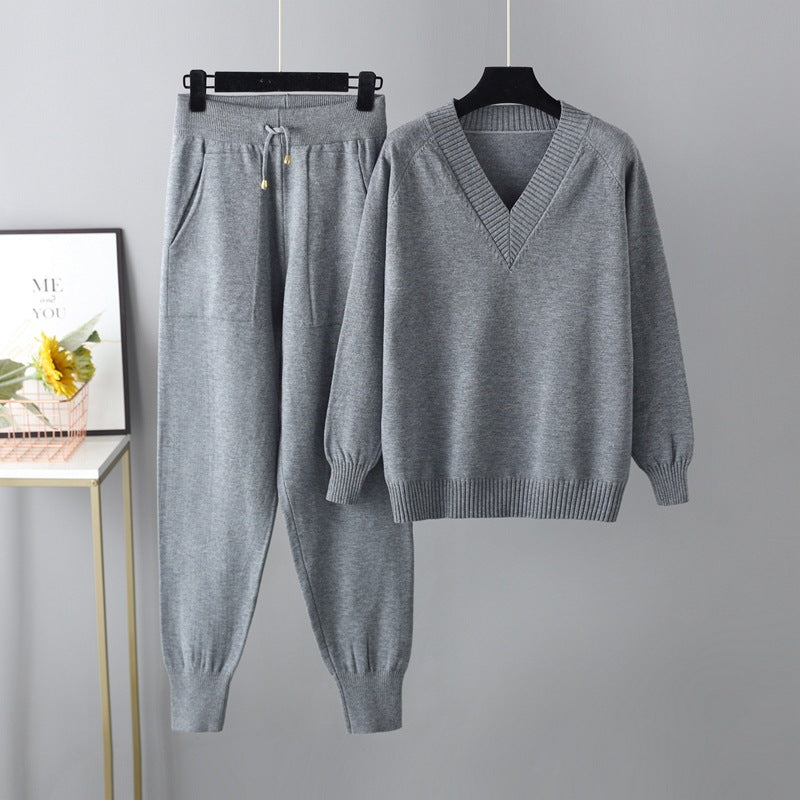 Autumn Winter Sweater Harem Pants Suit Russian Sweater Pullover Two Piece Set