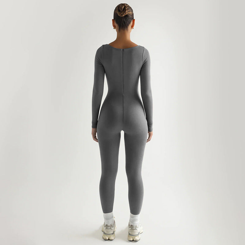 Soft High Elastic Long Sleeve Tights U Collar Stitching Trousers Jumpsuit